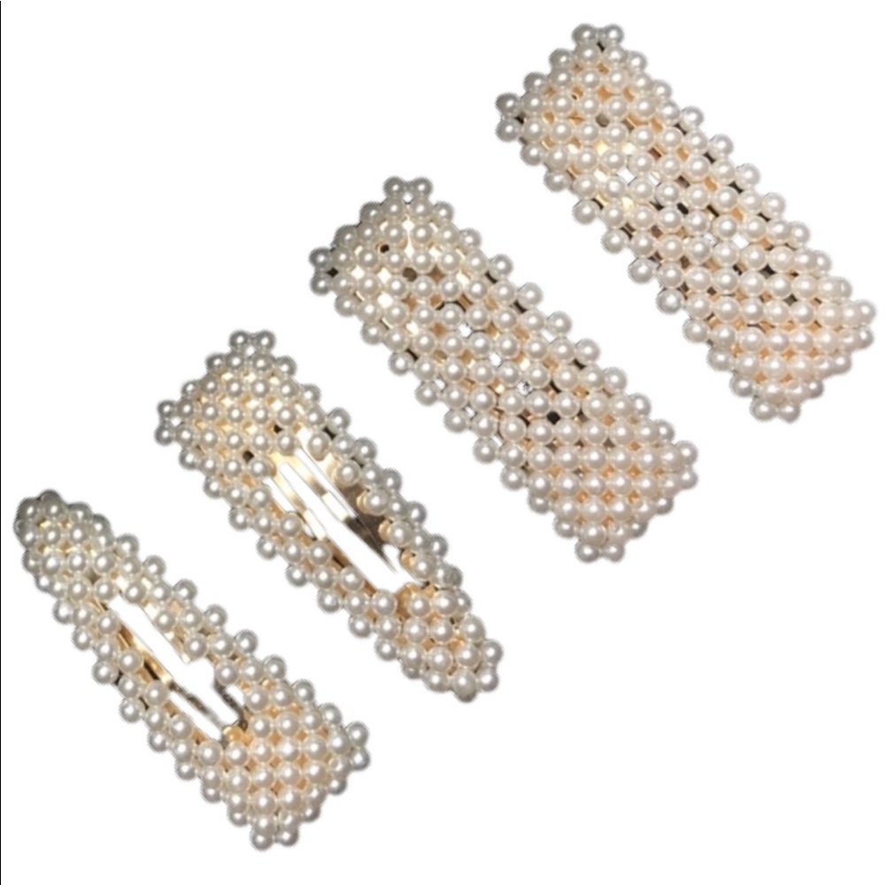X4 Faux Pearl Beaded Snap Closure Hair Barrettes - Picture 1 of 4
